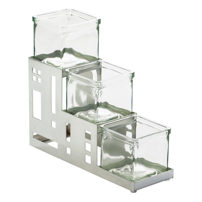 Présentoir carré à trois pots en acier inoxydable - 4 po x 12 po, Acier inoxydable