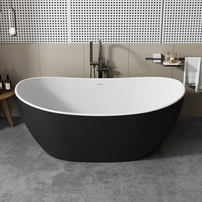 59 po X 29 po  Baignoire de trempage autoportante à surface solide en noir et blanc, Noir / blanc