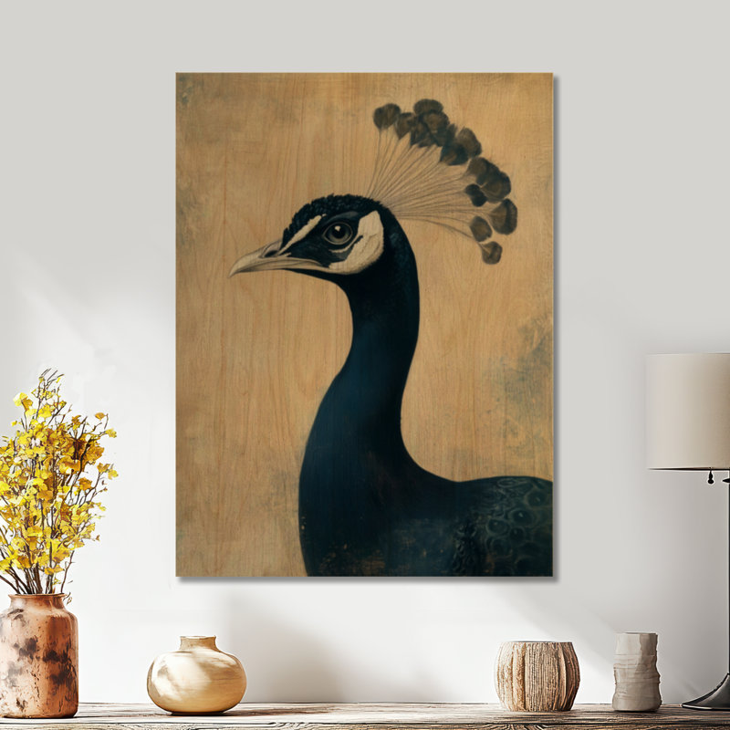 Portrait de paon à minuit - Décoration murale d'oiseaux, imprimée sur bois, H 32 po x l 24 po, Rectangulaire