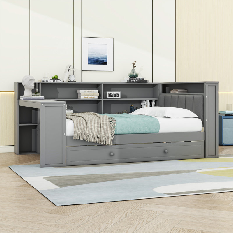 Daybed with LED Light, Built-In Storage, Desk, and Charging Station, Gray, Full