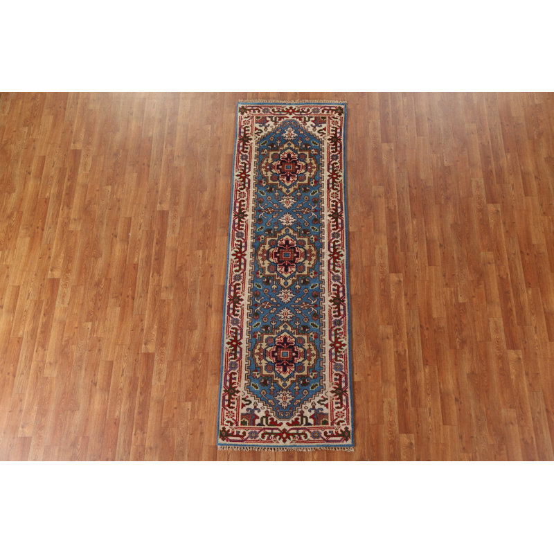 Tapis de couloir bleu clair en laine Heriz Serapi noué à la main 3 x 8