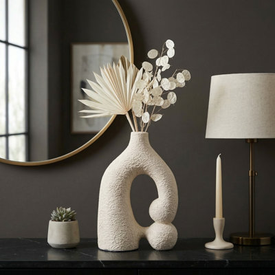 Abstract Cutout Sculptural Terracotta Flower Vase For Living Room Decor - Tall Vase For Modern Home Decor And Table Displays - White & Ivory