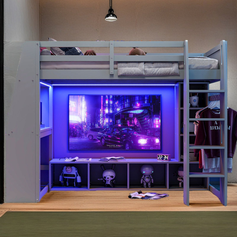 Wood Gaming Loft Bed With Desk, Multi-Storage Shelves, LED And A Hanging Clothes Rack, Gray, Twin