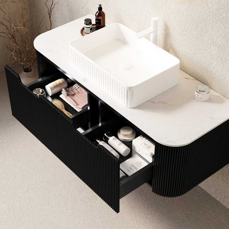 Meuble-lavabo 48 po avec lavabo rectangulaire blanc, finition rayée 3D noire, 2 tiroirs, système de fermeture en douceur, lavabo en céramique à structure de tiroir stable, armoire, rayé mat, glissières porteuses,