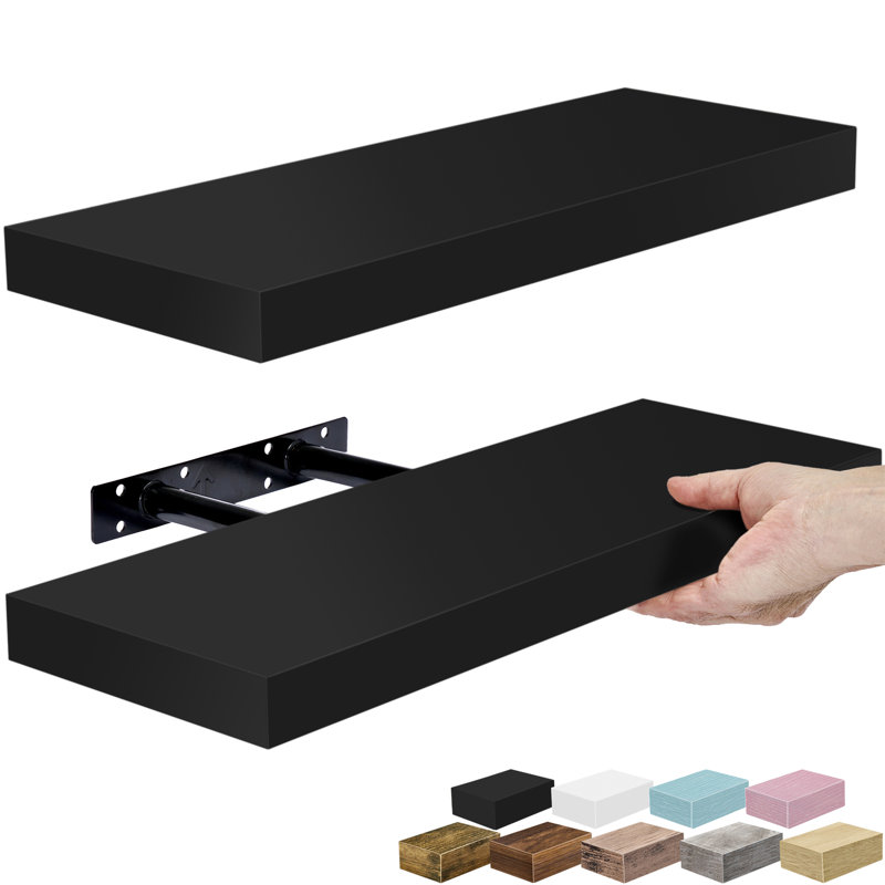 Chelles Sorbus 16" Long Floating Shelves with Invisible Mounting Set of 2, Black, Black