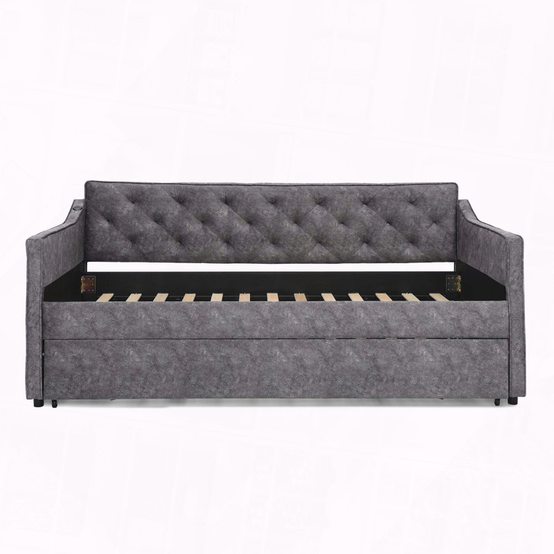 Upholstery DayBed Pop-up Trundle USB Charging Design, Gray