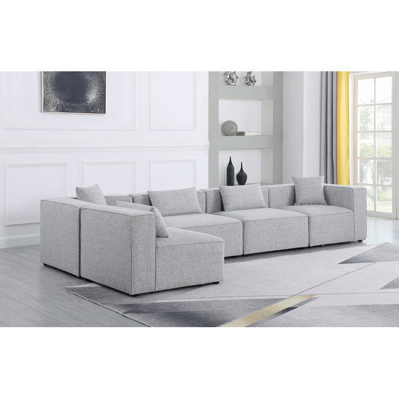 Cube Upholstered L-Shaped Sectional Reversible, Grey Linen Textured Fabric