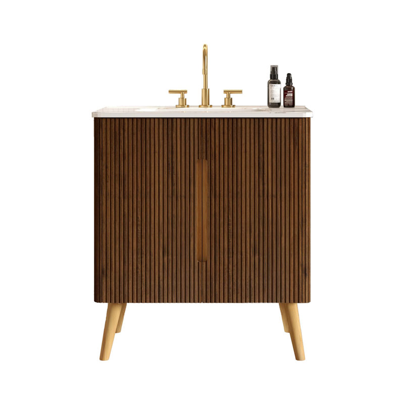 Meuble-lavabo moderne avec texture noyer rayée et bords de sécurité courbés