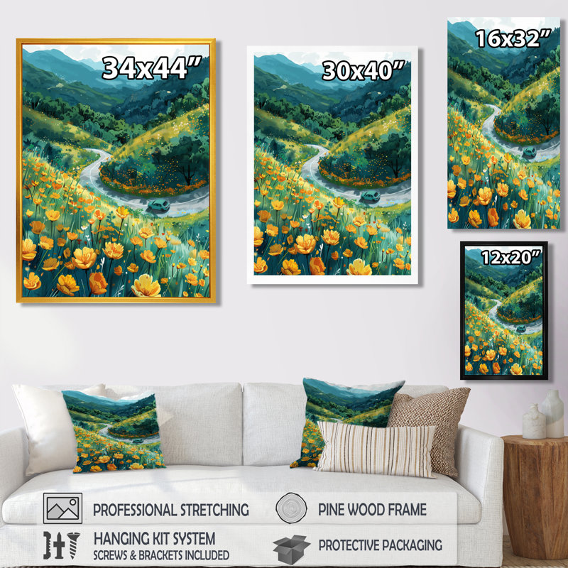 «Green Mountain Summer Flower Meadows II - Landscape Mountains», art mural salon, Toile tendue, H 34 po x l 44 po