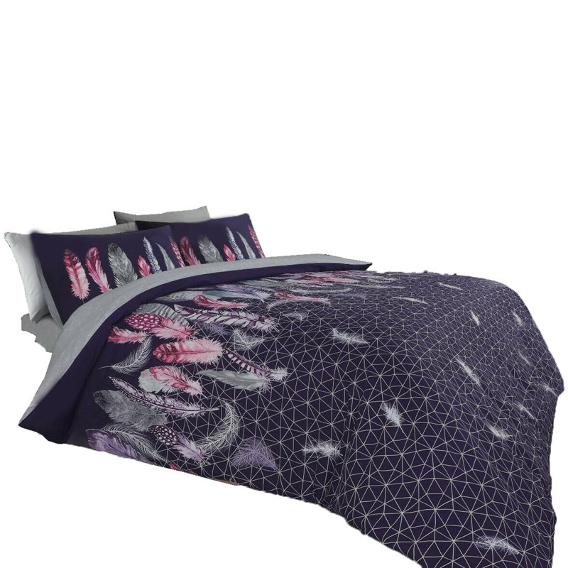 Modern Feather Design Duvet Cover Set with Matching Pillowcases - Polycotton Fabric Bedding, Double, Purple