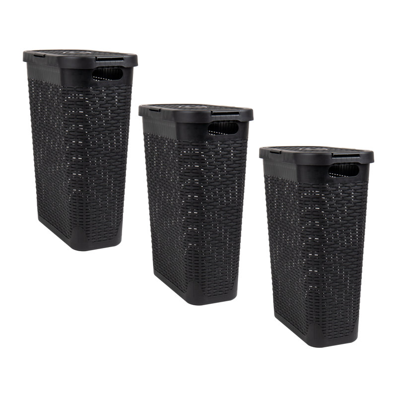  Panier à linge mince 40 L, panier à linge, couvercle, design en osier, plastique, ensemble de 3, Noir