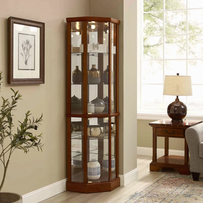 6 Shelf Lighted Corner Curio Cabinet With Adjustable Tempered Glass Shelves And Mirror Back, Walnut(E26 Light Bulb Not Included)