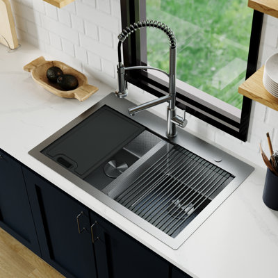 Karran Matrix 33" Top Mount Workstation 16 Gauge Double Bowl Stainless Steel Kitchen Sink in Gunmetal Grey with Accessories