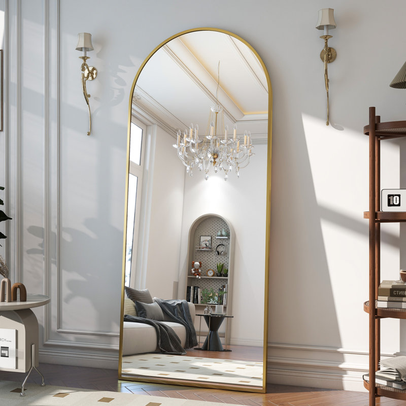 Arched Aluminum Alloy Framed Full Length Mirror with Stand Large Wall Mirror, Gold, 177.8cm H x 66cm W