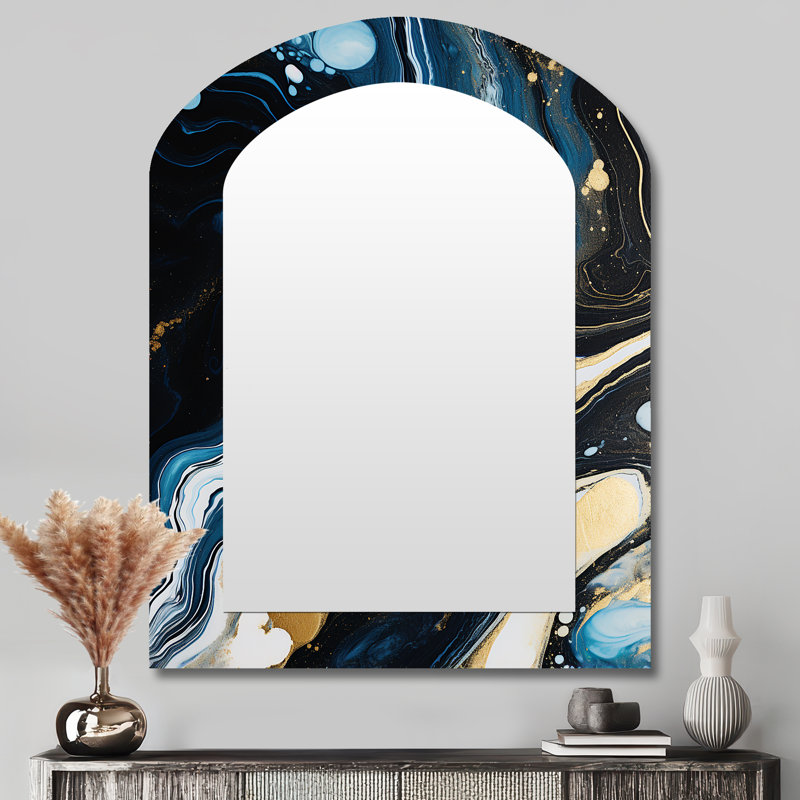 Gold and blue Abstract liquid ink serenade of swirls III - Liquid Ink Asymmetrical Unique Wall Mirror, Modern Arch Mirror, Printed Metal Art
