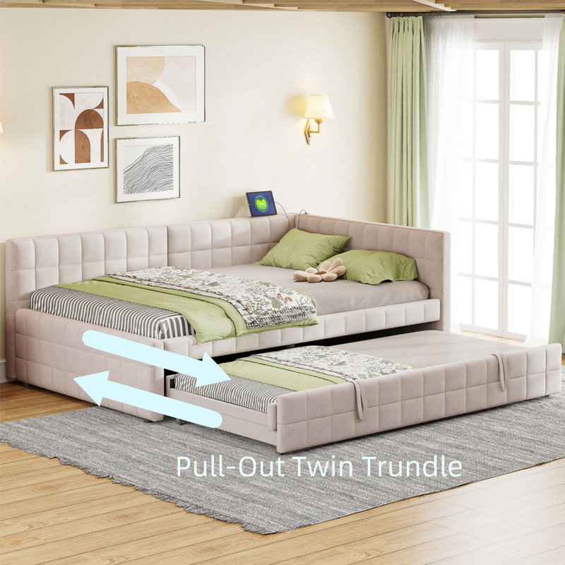 Full-size Upholstered L-shaped Daybed With Twin Pop-up Shelves And Usb Port, White