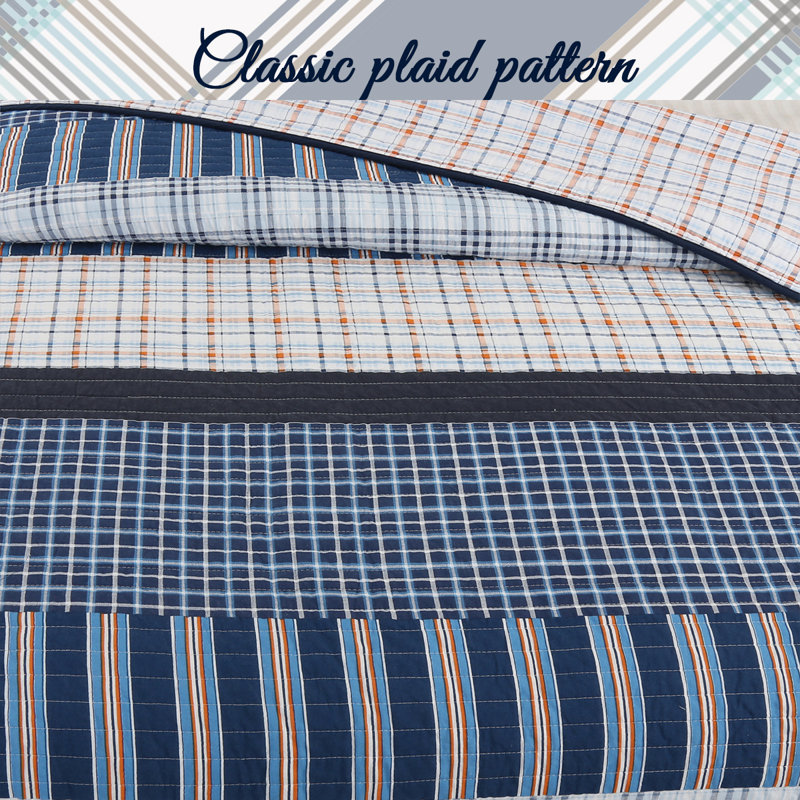 Blue and Orange Plaid Cotton Twin Reversible Quilt Set