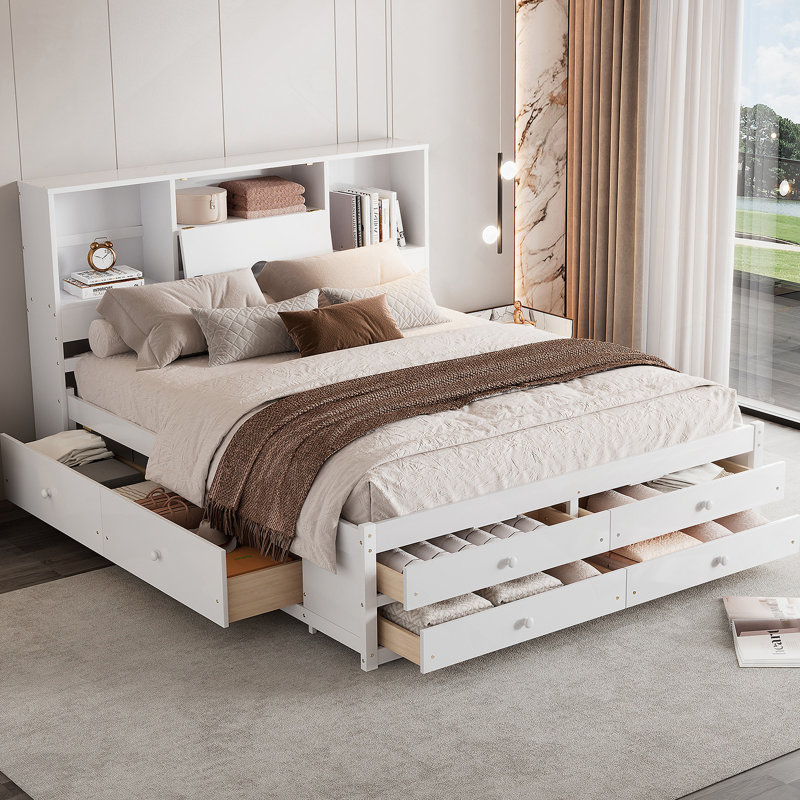 Grand lit plateforme avec tête de lit et 8 tiroirs, blanc, durable et peu encombrant pour les chambres à coucher modernes
