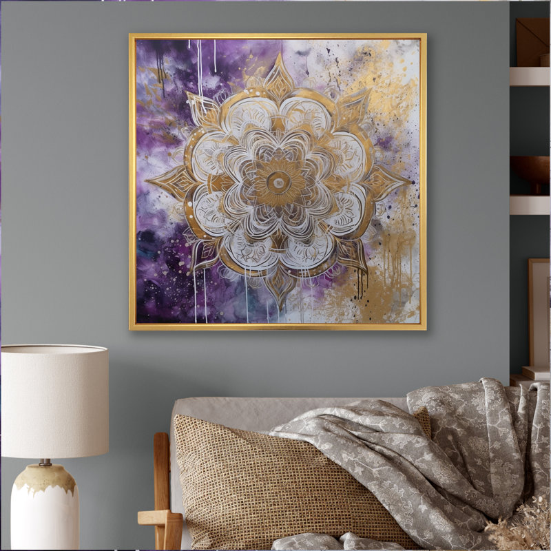 Impression sur toile mauve et or mandala I - Boho Mandala, H 16 po x l 16 po, Cadre flottant doré