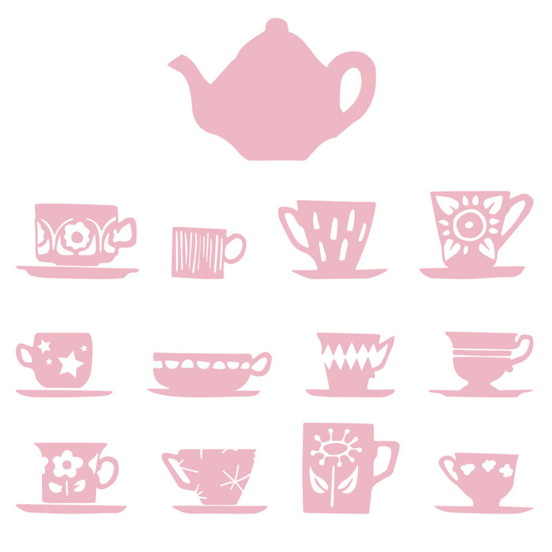 Décalcomanie murale tasses de thé, H 23 po x l 24 po x P 0,01 po, Rose œillet