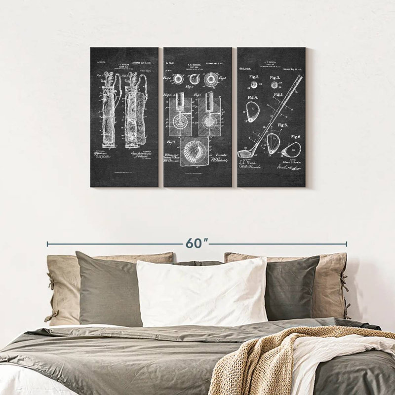 Ensemble de 3 pièces de brevet de golf sur toile, H 28 po x l 45 po x P 1,25 po