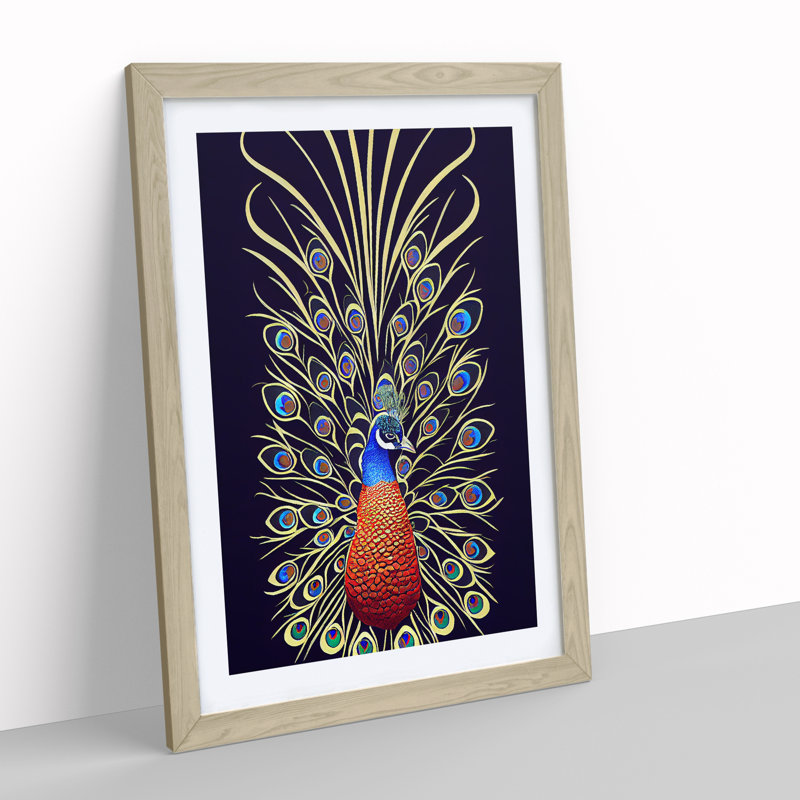 Fascinating Peacock No.1 - Framed Print, 46cm H x 34cm W x 2cm D, Oak