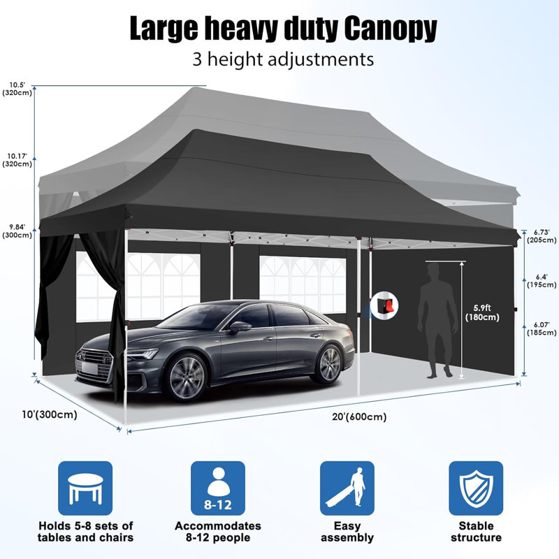 10x20 Pop up Canopy Tents for Parties 3.0, Upgrade Structure , Black