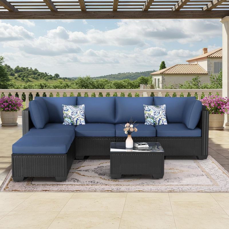 Ensemble de chaises modulaires en osier avec coussins et table à thé Pe Rattan, Bleu très foncé