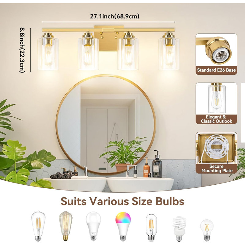 Modern 4-Light Bathroom Vanity Fixture With And Clear Glass Shades, Versatile Wall Lamp For Mirror, Living Room, Bedroom, And Porch