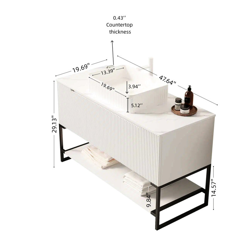 Meuble-lavabo autoportant de 48 po avec lavabo vasque, 3 portes et tablette ouverte, élégant comptoir rectangulaire en pierre frittée en céramique blanche pour le design