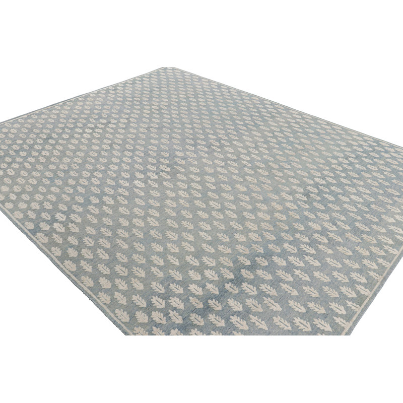 Rug & Kilim’S Modern Block Print Rug In Blue With White Floral Pattern, Rectangle 10' x 14'