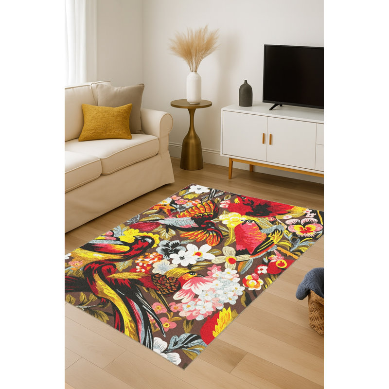 Tapis noir tissé à motif floral lavable Mosso, 3 pi 3 po x 9 pi 10 po