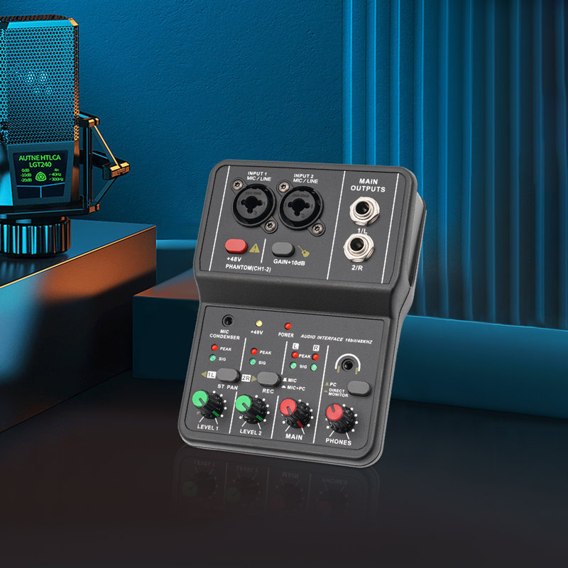 Portable 2 Channel Audio Mixer with 48V Phantom Power