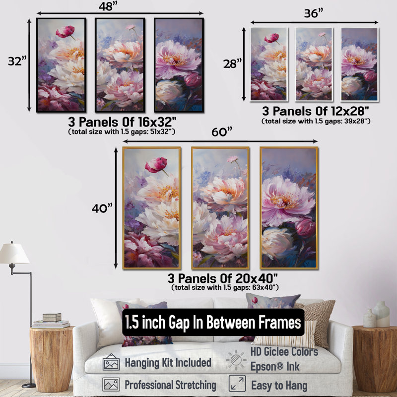 Pivoine rose liquide Art Flower Field V - ensemble de décoration murale champ de fleurs, Cadre flottant doré