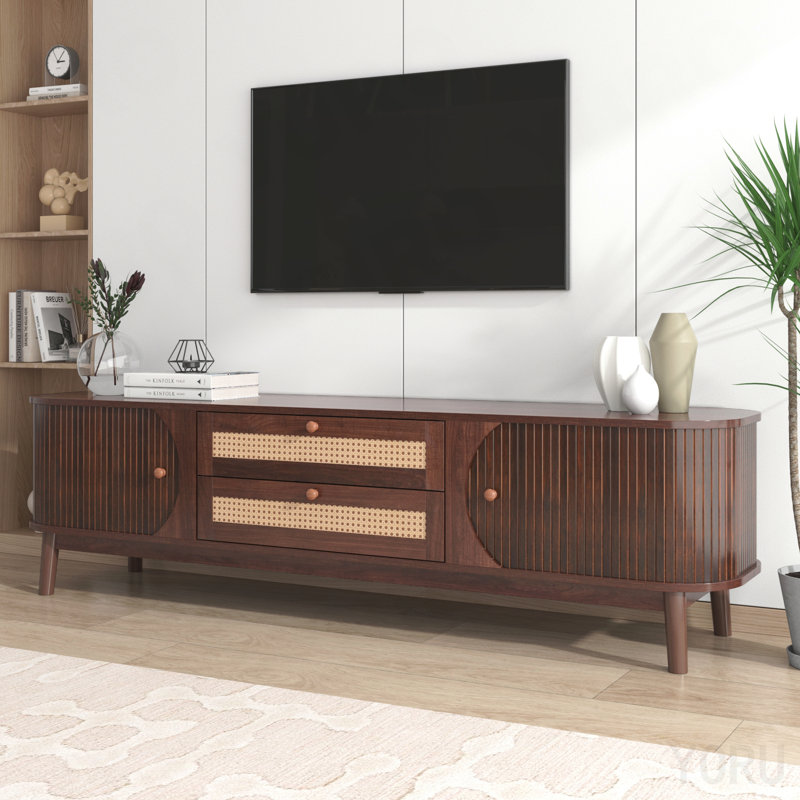 Console média en rotin 75 pouces avec pieds en bois massif