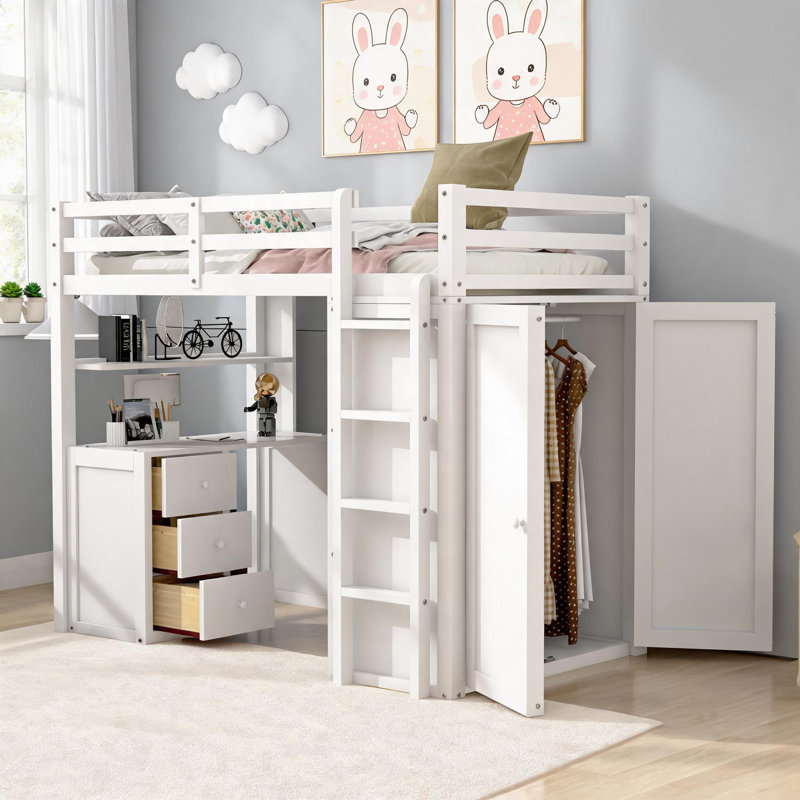 Armoire-lit simple en bois massif blanc doux avec tiroirs de bureau intégrés pour les petites chambres