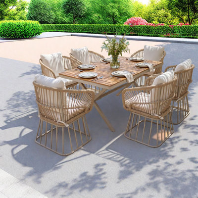 Outdoor 7-Piece Dining Set - Rectangular Teak Wood Table + 6 Wicker Chairs With Cushions, Beige Steel Frame, Teak Finish, Perfect For Patio, Deck, Or Garden