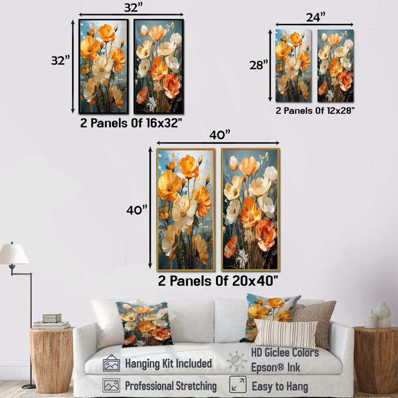 Buttercups Are Fragmented In Angular Shapes - Ensemble de salon mural Buttercups, H 40 po x l 41 po, Cadre flottant brun