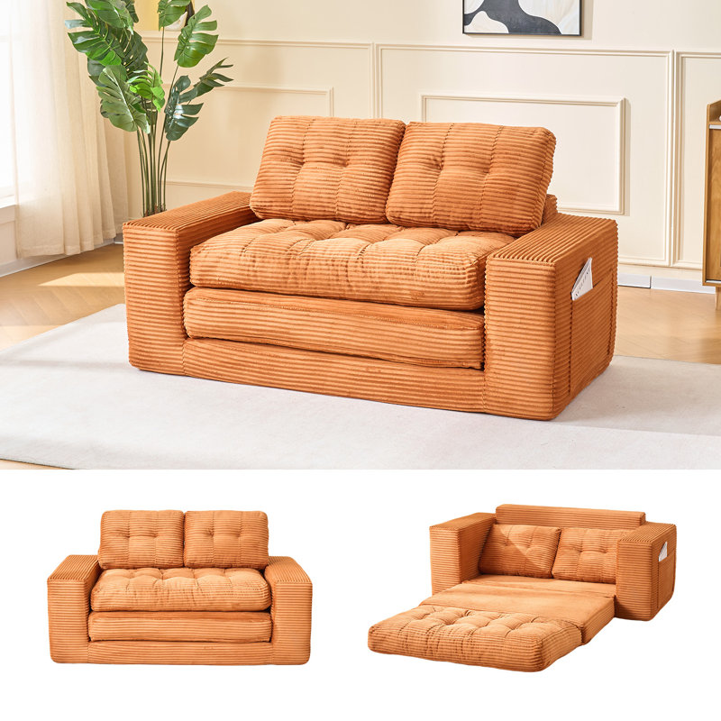 Canapé-lit à compression de 66,93 po sans os, causeuse convertible 2-en-1 et futon pliant, petit modèle peu encombrant en velours côtelé, pour le salon, la chambre à coucher et le studio - orange