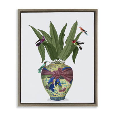 Art mural sur toile flottant, "Traditional Birds on Planter" par Fab Funky