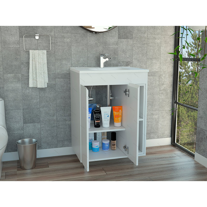Armoire de meuble-lavabo autoportante blanche à 2 tablettes