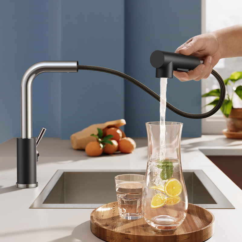 Pull Down Single Handle Kitchen Faucet With Deck Plate, Handles and Supply Lines, Black/Chrome