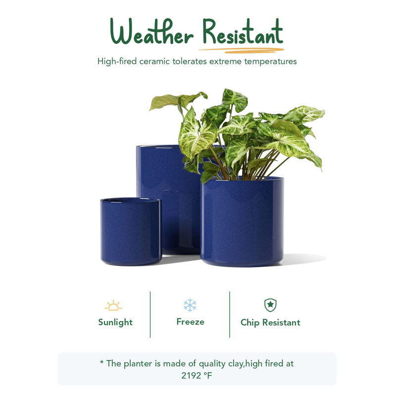 Sapphire Blue Ceramic Indoor Planter Set with Drainage, 10/8/6 Inch