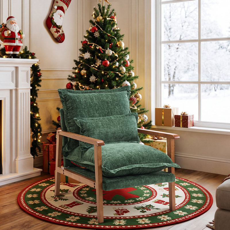 Chenille Accent Chair Armchair With Pillow, Walnut, Green