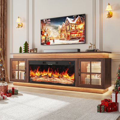 80.7"W Modern Farmhouse Fireplace TV Stand for TVs up to 90" with 40" Electric Fireplace, Charging Station & LED Light, Storage Cabinets with Adjustable Shelves for Living Room