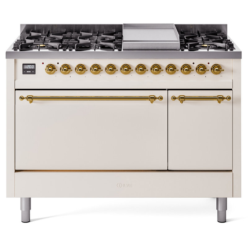 ILVE Nostalgie II 48 in Dual Fuel Range, 8 Burner, Griddle, Liquid Propane, Antique White/Brass