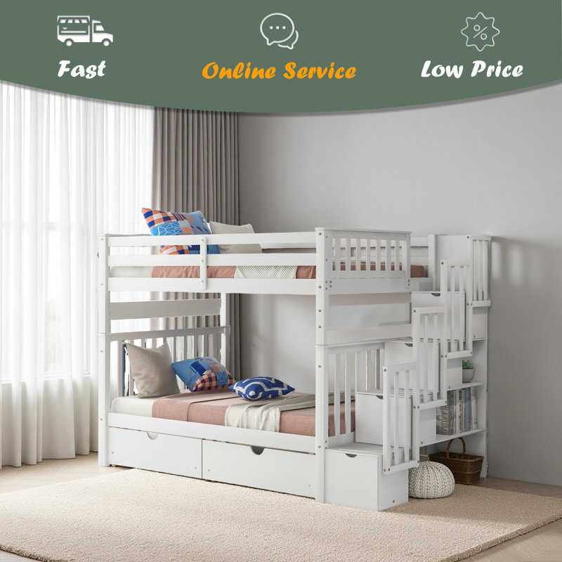 Lit superposé double au-dessus de double avec tablettes et 6 tiroirs de rangement, Blanc