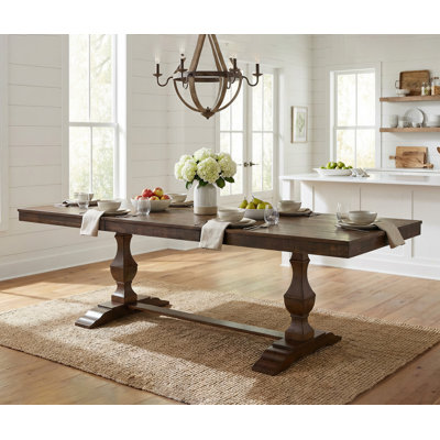 74.8-Inch Long Vintage Farmhouse Dining Table For 6-8 People, 6.23 Ft Rustic Kitchen Table With Sturdy Wooden Frame, Features Weathered Walnut Textured Tabletop, T-Shaped Carved Solid Wood Double  Pedestal Legs, Non-Extendable, Dark Brown