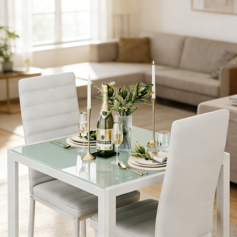 3-Piece Dining Table Set, Glass Dining Table with 2 Faux Leather Chairs, White