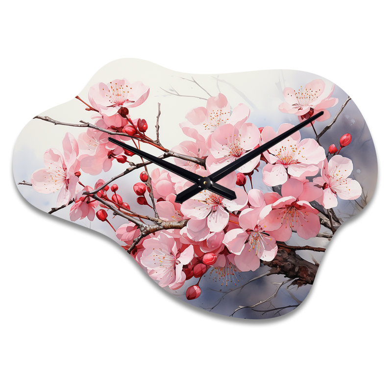 Fleur de cerisier de Chine - horloge asymétrique en métal, horloge murale rose, Grand